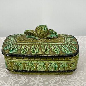 Vintage Green Majolica Ceramic Trinket Box W/ Strawberry Lid (as chips)